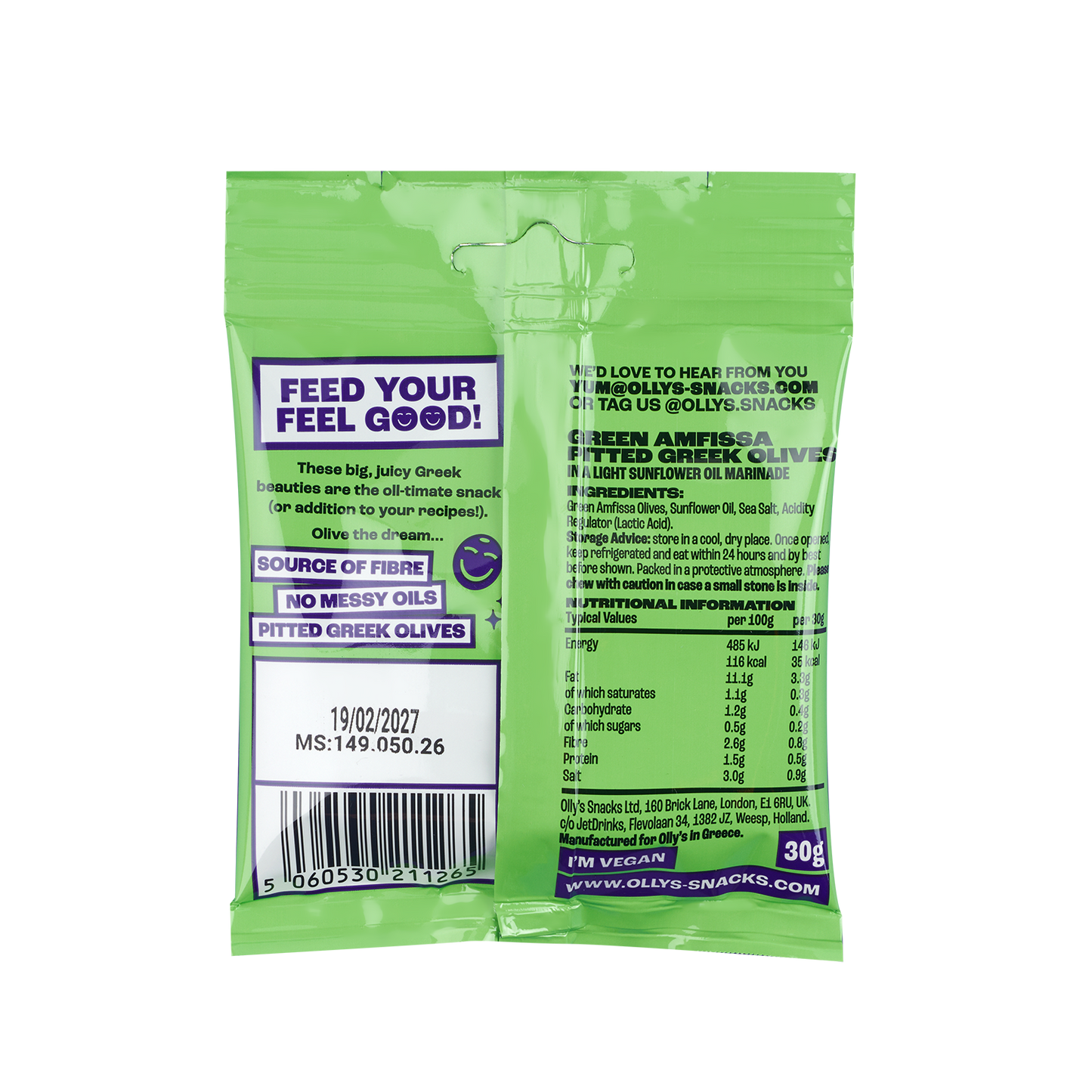 Back of Olly's Olives - Pitted Greek Amfissa 30g with nutritional information