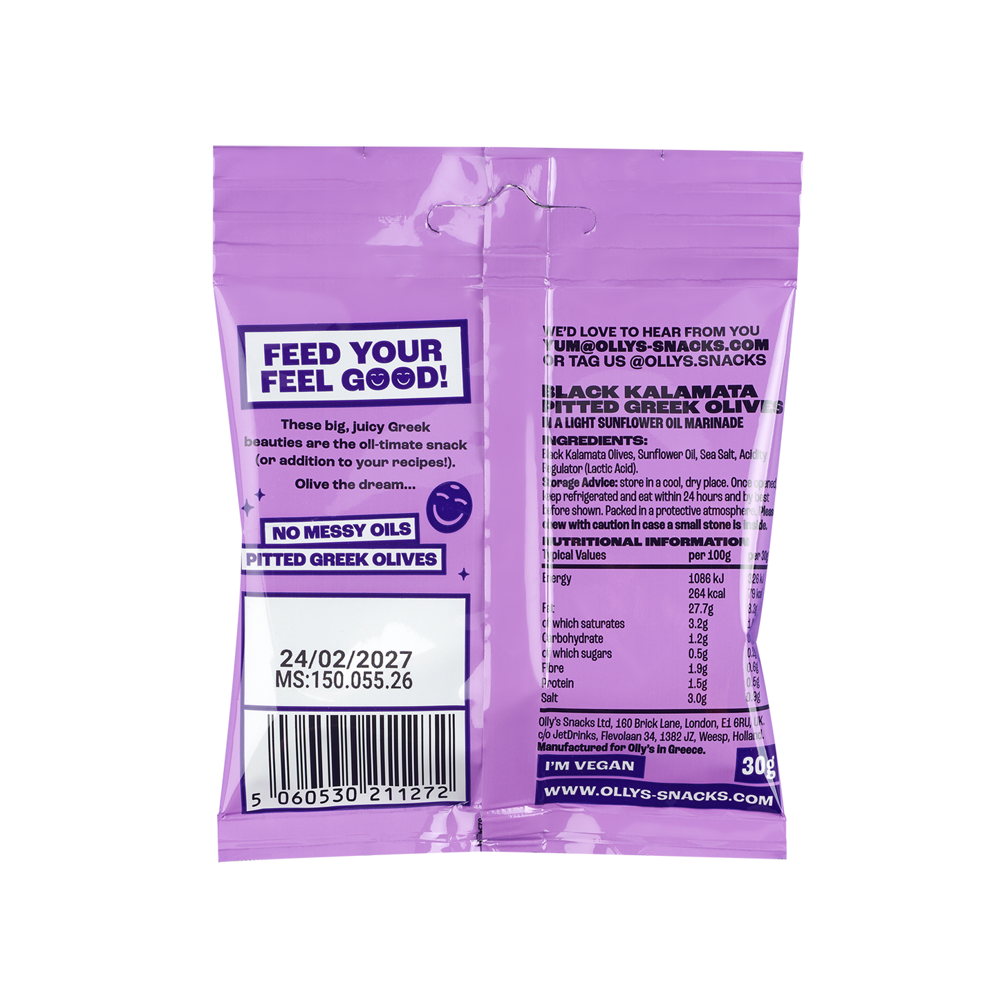 Back of Olly's Olives - Pitted Greek Kalamata 30g also contains nutritional information