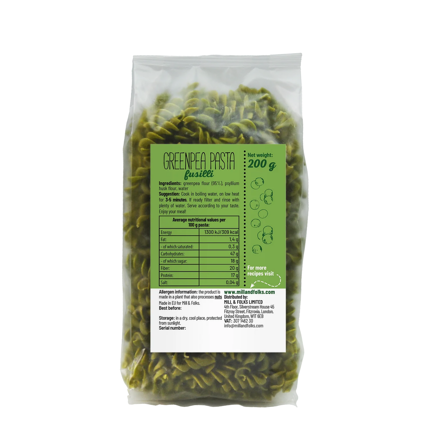 Easy Pasta Green pea pasta fusilli 200g by Mill & folks