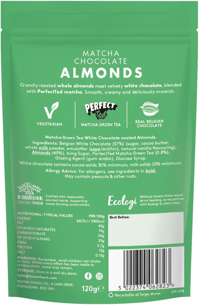 Forest Feast Matcha Chocolate Almonds 120g back packaging 
