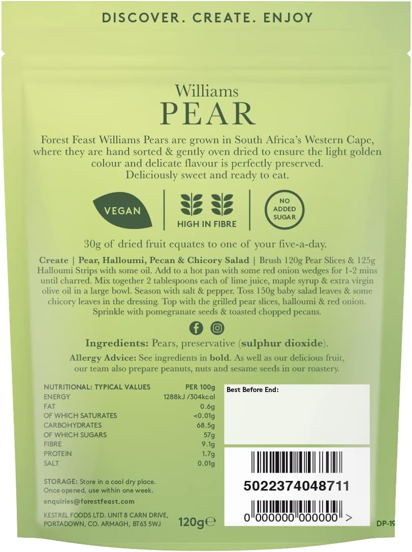 back packaging for Forest Feast Peeled William Pear Dried Fruit Snack 120g