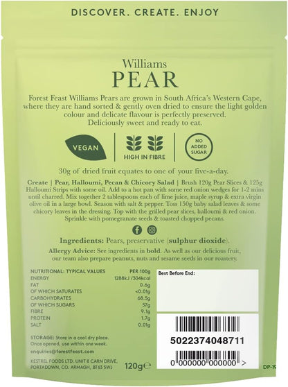 back packaging for Forest Feast Peeled William Pear Dried Fruit Snack 120g