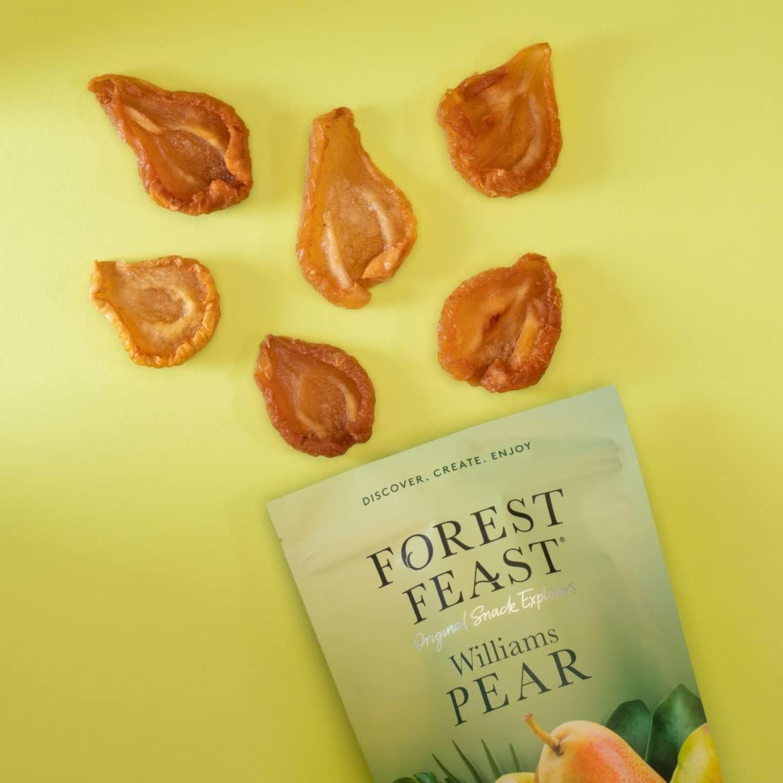 Five dried pear slices from Forest Feast Peeled William Pear Dried Fruit Snack 120g