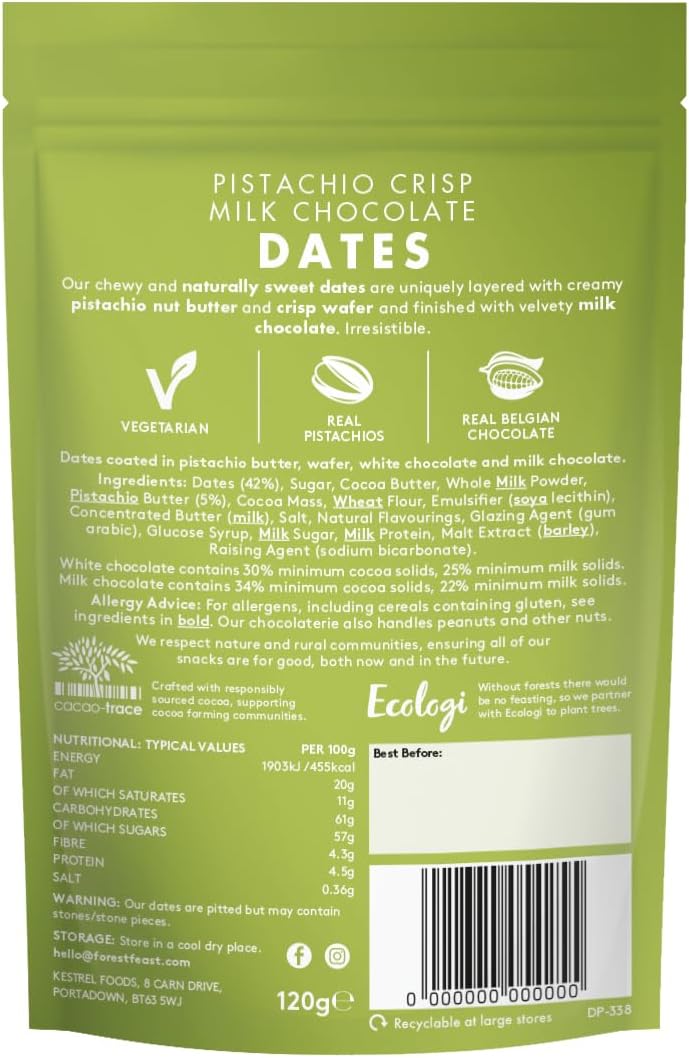 Back of a Forest Feast Pistachio Crisp Milk Chocolate Dates Chocolate Covered Dates 120g