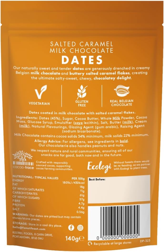Forest Feast Salted Caramel & Milk Chocolate Dates Chocolate Covered Dates 140g Back Packaging.
