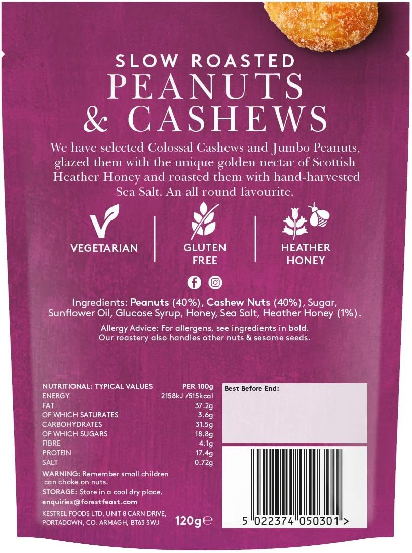 Back packaging of Forest Feast Slow Roasted Peanut & Cashews Roasted Nut Mix 120g
