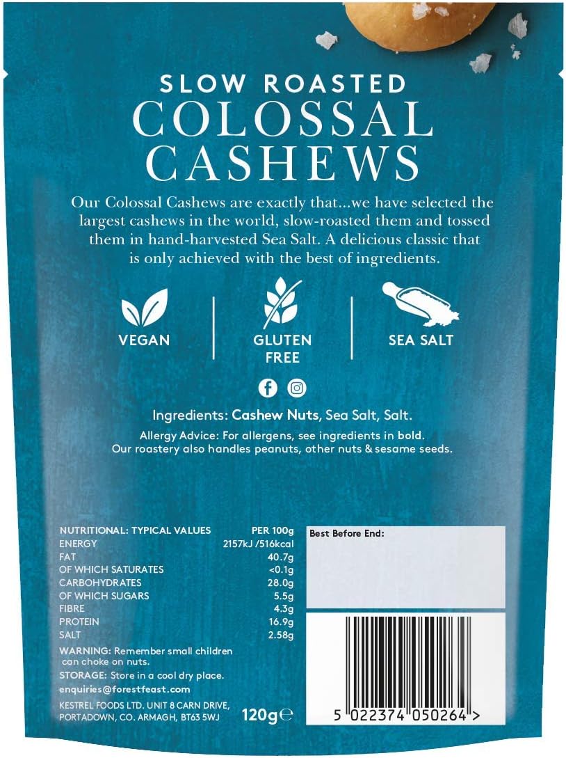 back packaging for Forest Feast Slow Roasted Colossal Cashews 120g