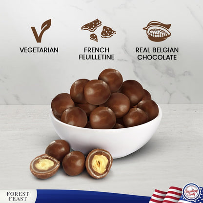 A bowl filled with Forest Feast Praline Crisp Milk Chocolate Hazelnuts Chocolate Nuts