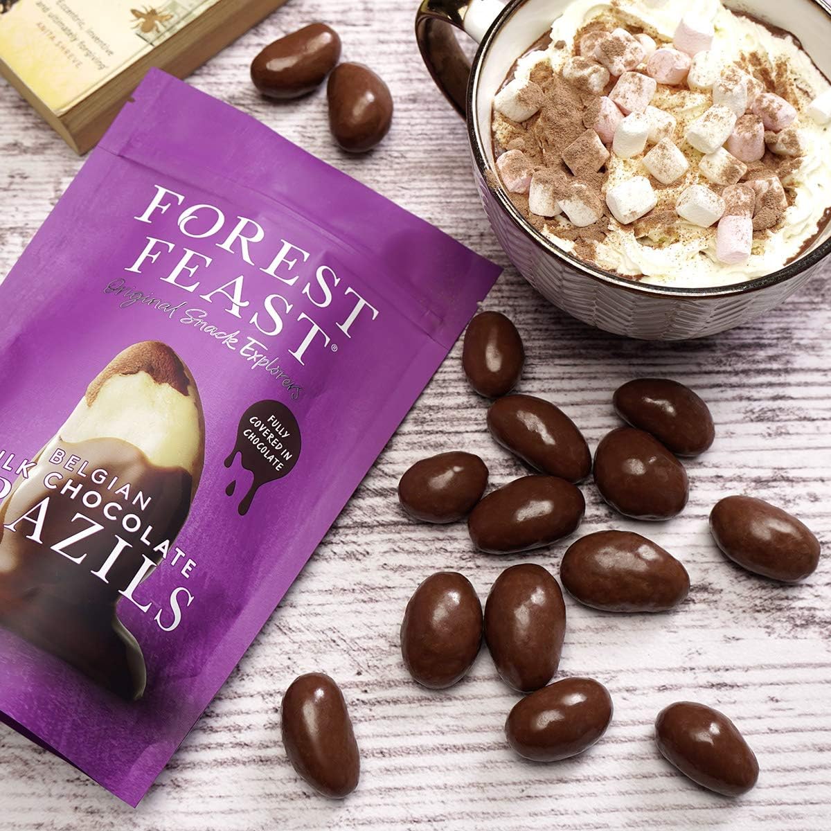 opened pack of Forest Feast Belgian Milk Chocolate Brazil Nuts Premium Chocolate Nuts 120g