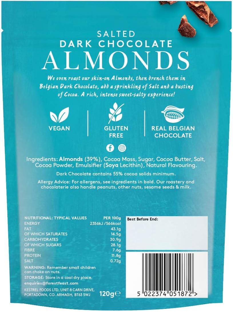 Back packaging for Feast Salted Dark Chocolate Almonds Chocolate  