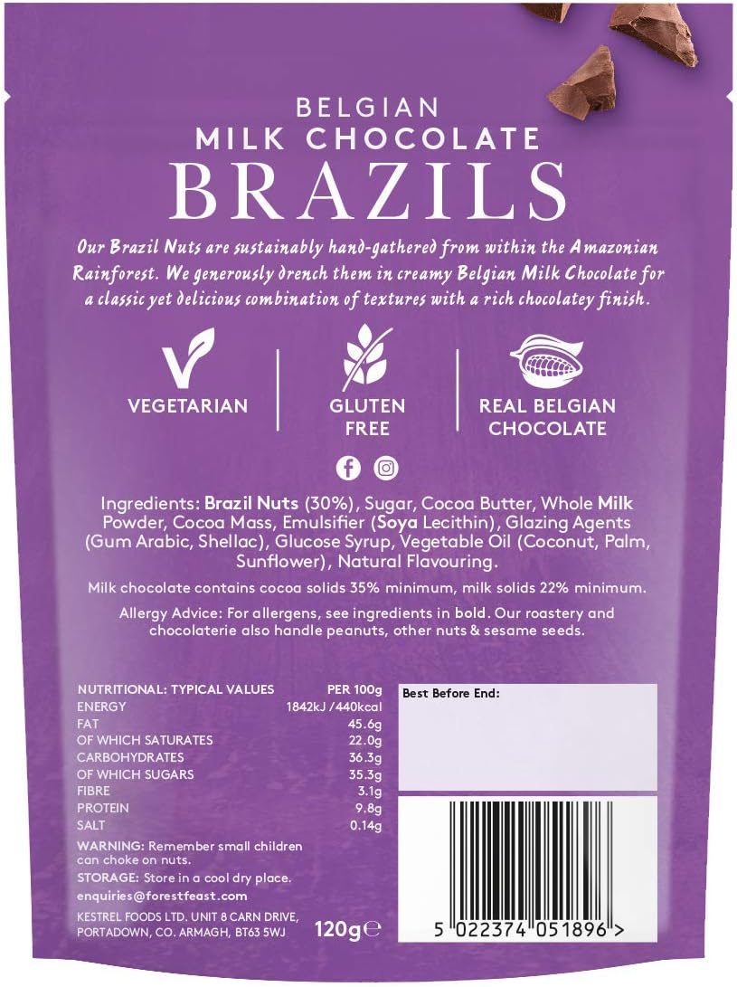 Back packaging of Forest Feast Belgian Milk Chocolate Brazil Nuts Premium Chocolate Nuts 120g