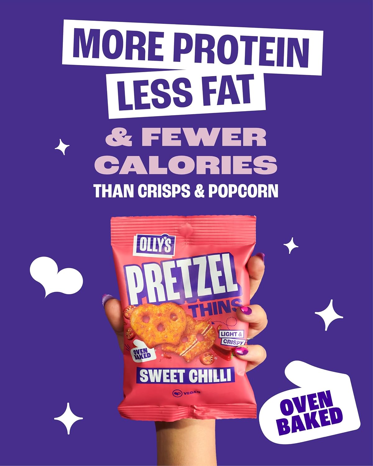 A hand holding a bag of Ollie's Pretzel Thins Sweet Chilli snack MORE PROTEIN LESS FAT & FEWER CALORIES THAN CRISPS & POPCORN' and 'OVEN BAKED'.