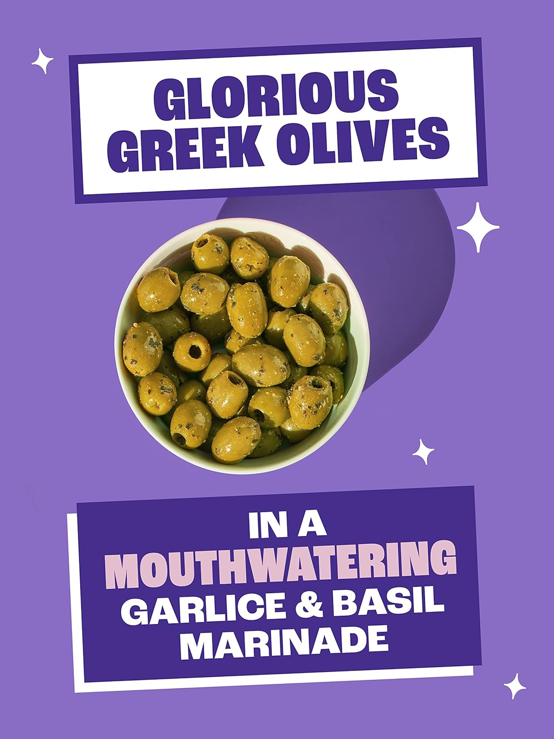 opened packet of Olly's Olives - Garlic & Basil in a bowl