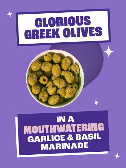 opened packet of Olly's Olives - Garlic & Basil in a bowl