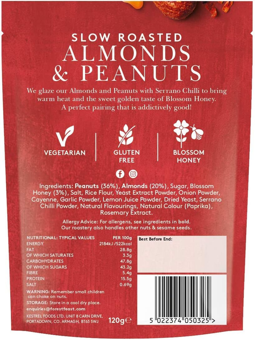 Back packaging for Forest Feast Serrano Chilli & Honey Almonds & Peanuts Roasted Nut Mix 120g
