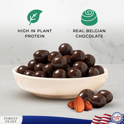 Bowl of chocolate-covered almonds with 'High in Plant Protein' and 'Real Belgian Chocolate' Forest Feast Peppermint Cream Dark Chocolate Almonds 