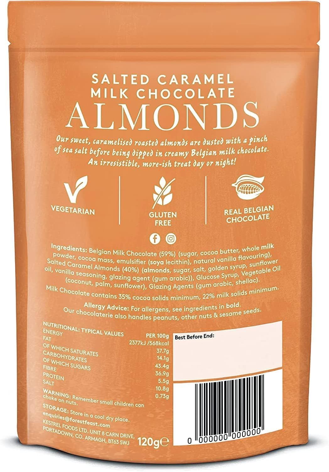 Back packaging of Forest Feast Salted Caramel Milk Chocolate Almonds Chocolate Nuts 120g also shows nutritional info