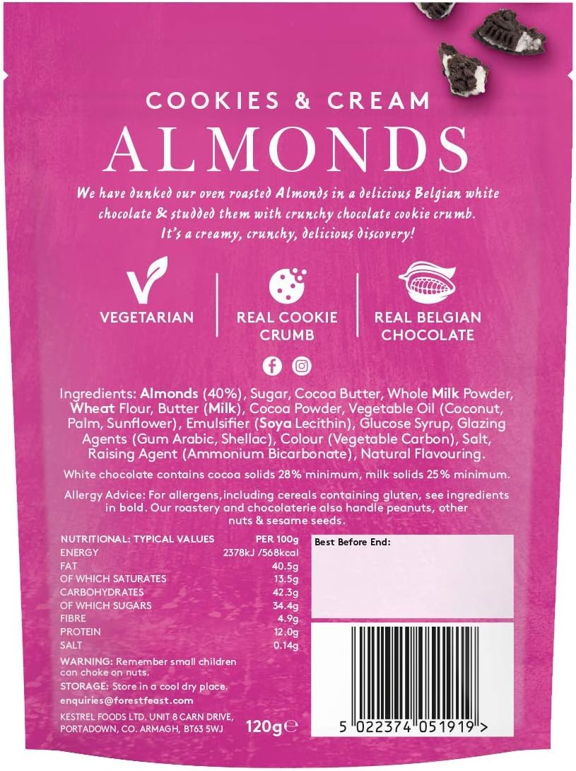 Back pack of a single Forest Feast Cookies & Cream Almonds 120g showing nutritional information details