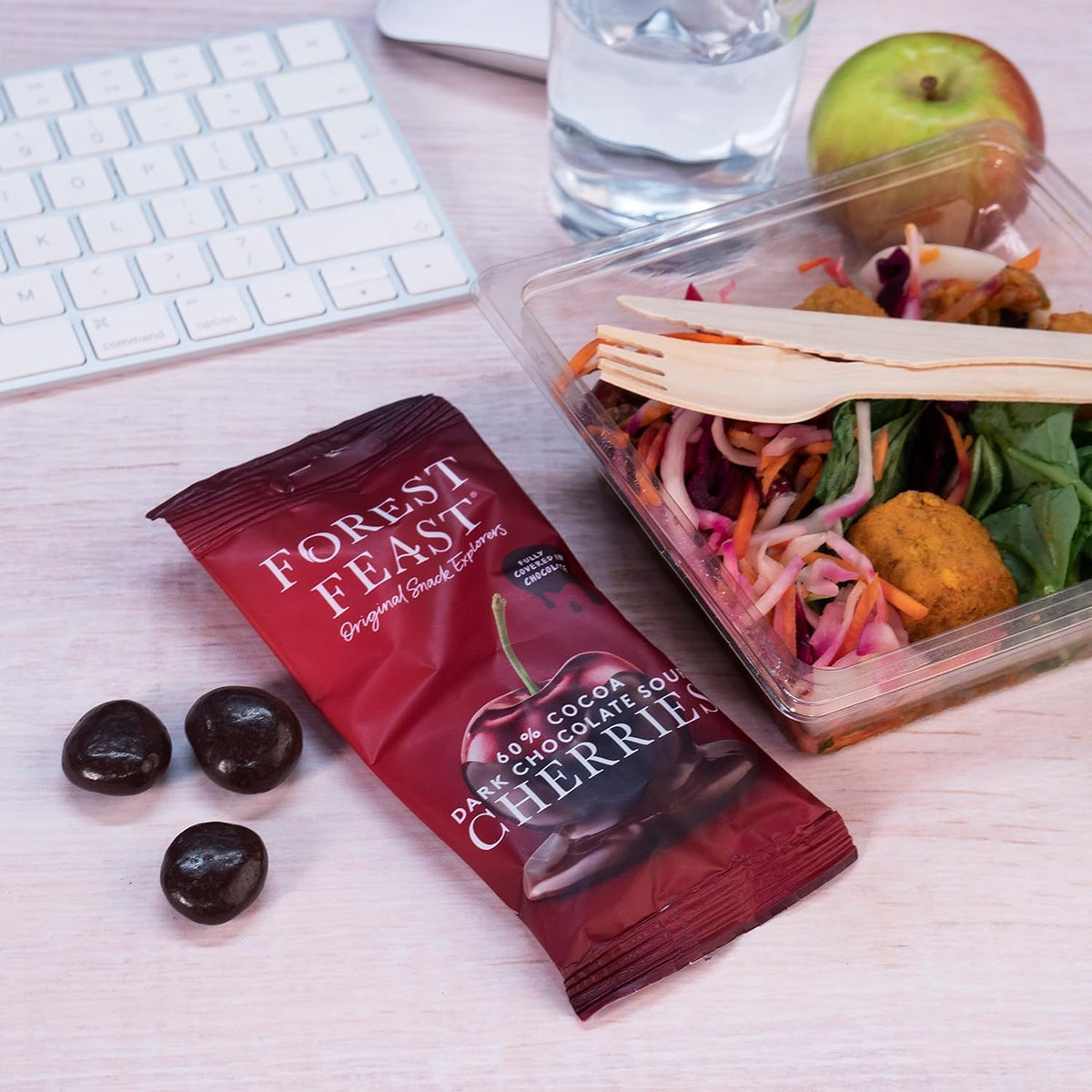 opened pack of Forest Feast Dark Chocolate Sour Cherries Snack Pack 40g