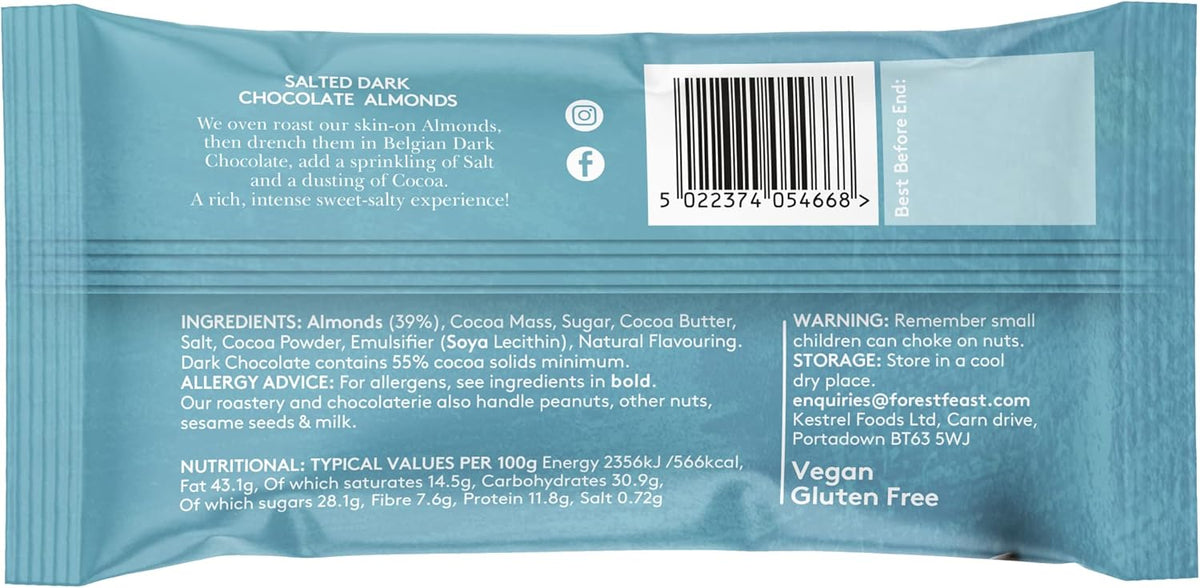 Back packaging for the Forest Feast Salted Dark Chocolate Almonds Snack Pack 40g