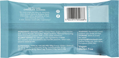 Back packaging for the Forest Feast Salted Dark Chocolate Almonds Snack Pack 40g