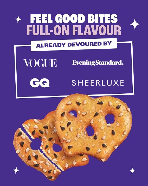 gourmet Sesame Seed Pretzel 140g The top text reads 'FEEL GOOD BITES FULL-ON FLAVOUR' and lists brands Vogue, Evening Standard, GQ, and SheerLuxe.