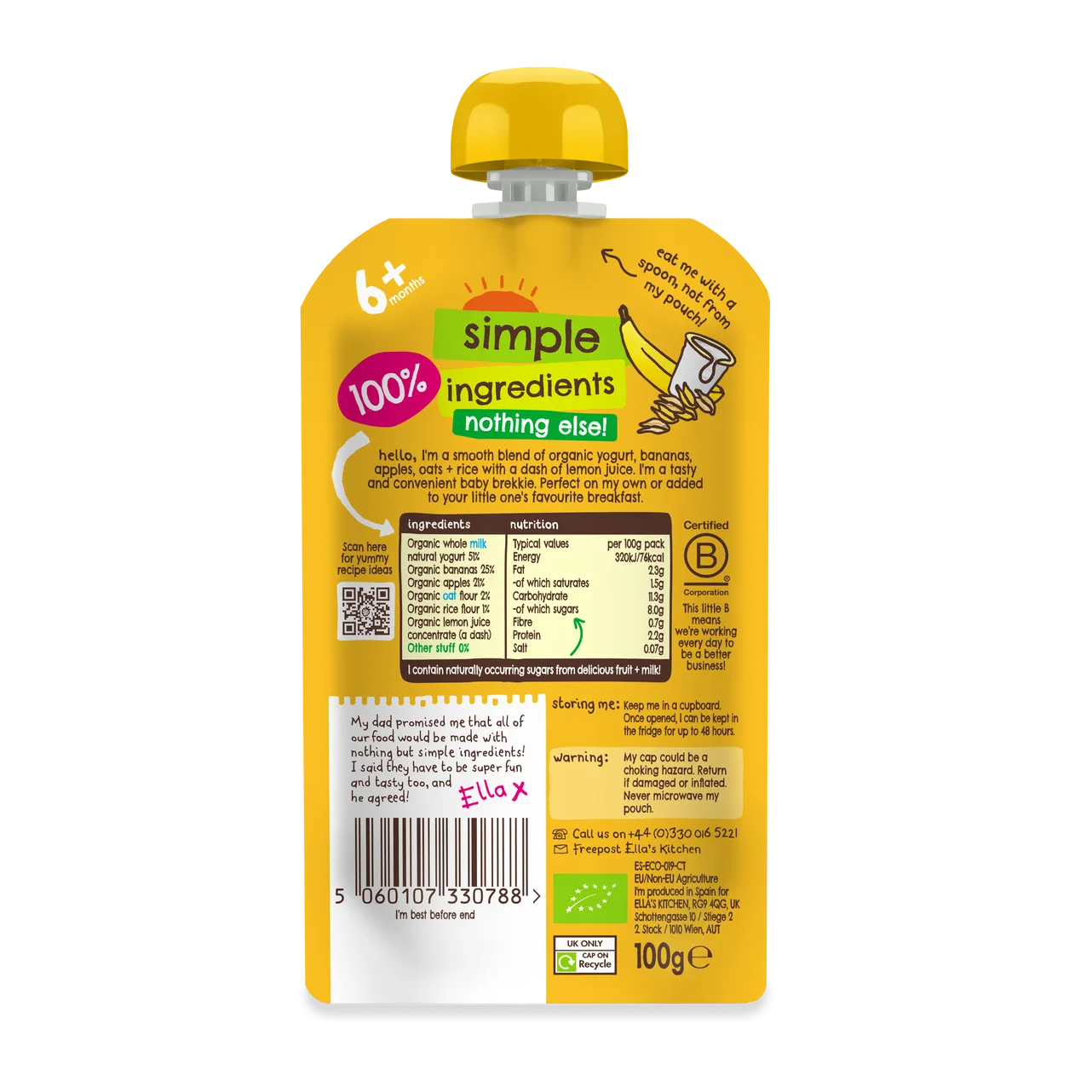 BAck packaging for Ella's Kitchen - Baby Banana Brekkie 100g Pack