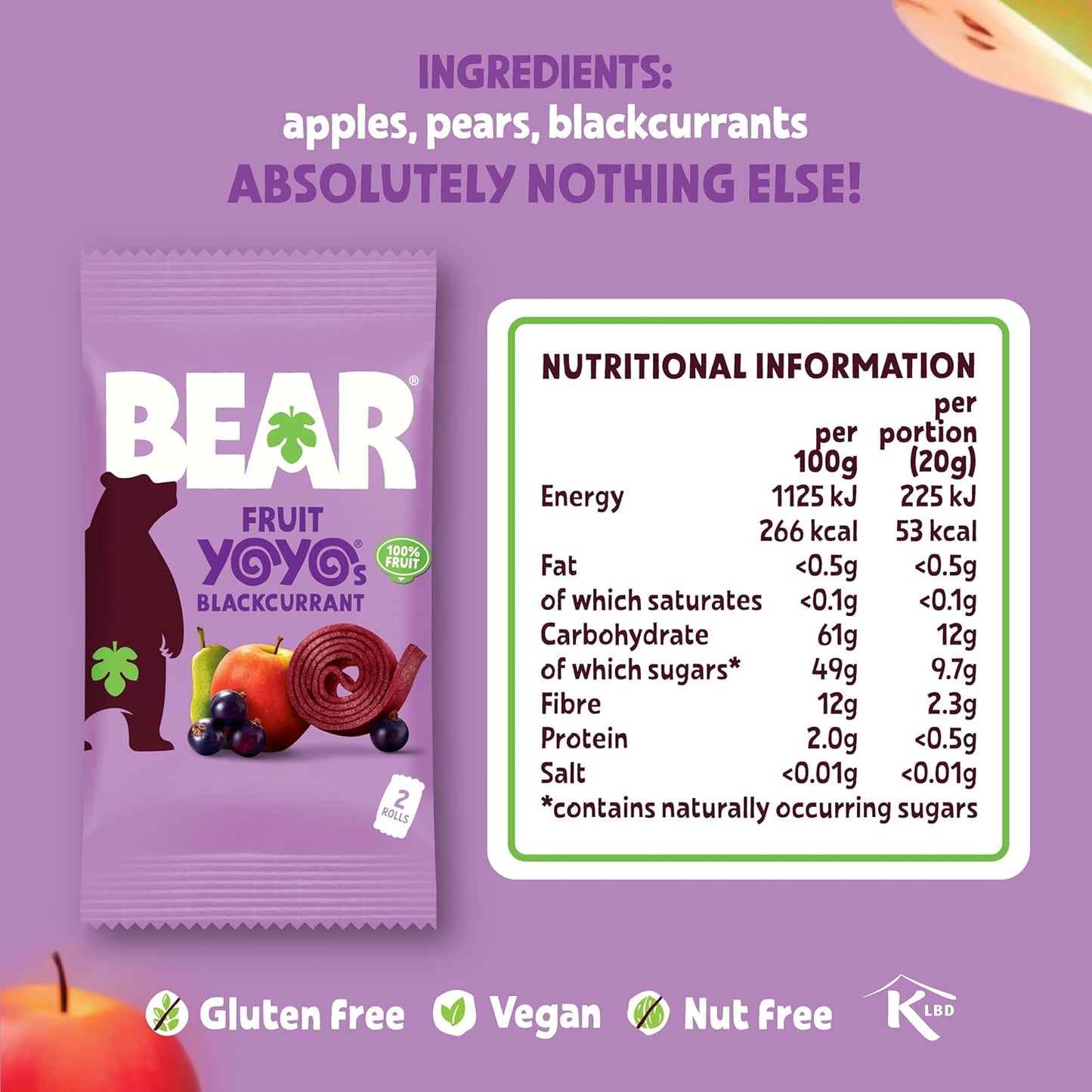BEAR Blackcurrant Yoyo Fruit Rolls Kids Snack No Added Sugar