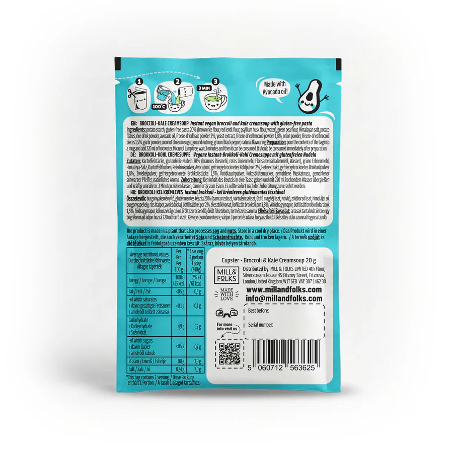 Back of a Cupster instant broccoli - kale cream soup 10 pack detailed ingredients, nutritional information, and cooking instructions on a light blue background.