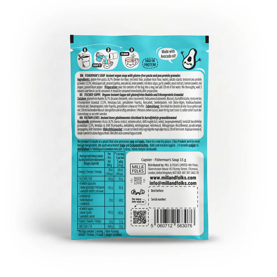 back view of Cupster instant fisherman's soup 10 pack (10x15g) containing nutritional information and ingredients.