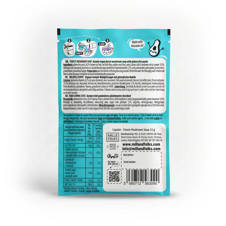 Back of Cupster instant forest mushroom soup 10 pack showing ingredients and preparation instructions