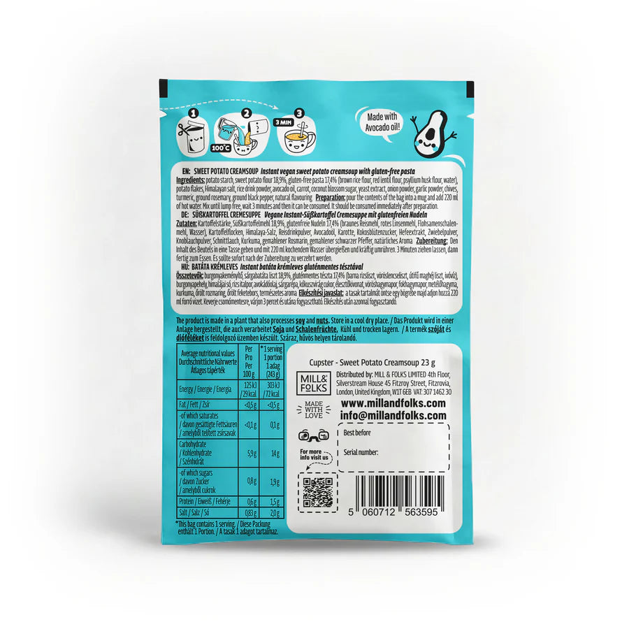 Back of a Cupster instant sweet potato cream soup pack showing nutritional facts, ingredients, and a barcode on a white background.