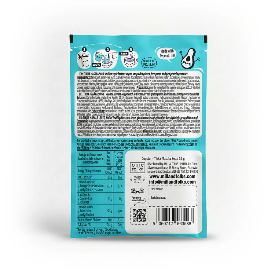 Back of Cupster instant tikka masala soup 10 pack, showing printed instructions, ingredients, nutrition facts, barcode, and contact information on a white background.