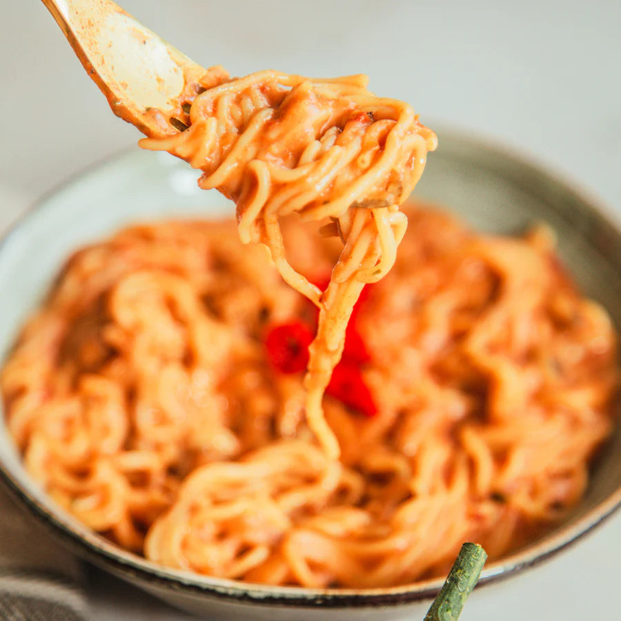 Close-up of cooked Cupster Instant Arrabbiata Pasta 97g.