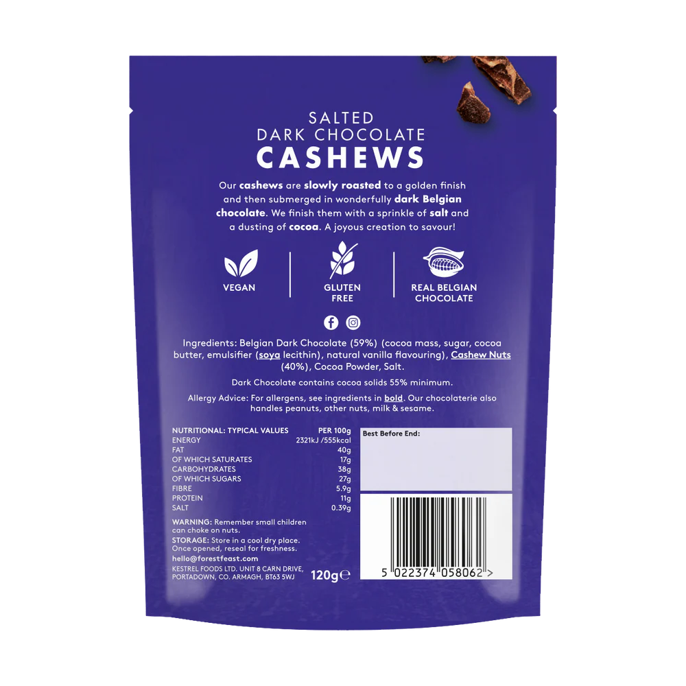 back of Forest Feast Salted Dark Chocolate Cashews Chocolate Nuts 120g