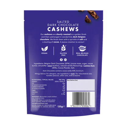 back of Forest Feast Salted Dark Chocolate Cashews Chocolate Nuts 120g