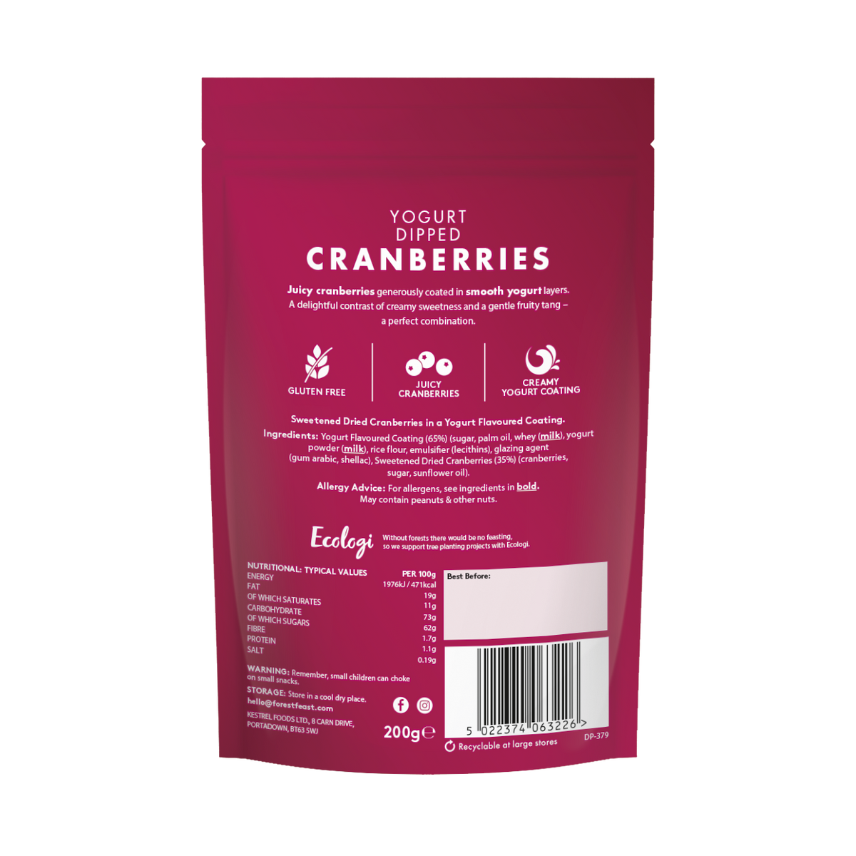 Back packaging for Forest Feast Yogurt Dipped Cranberries 200g