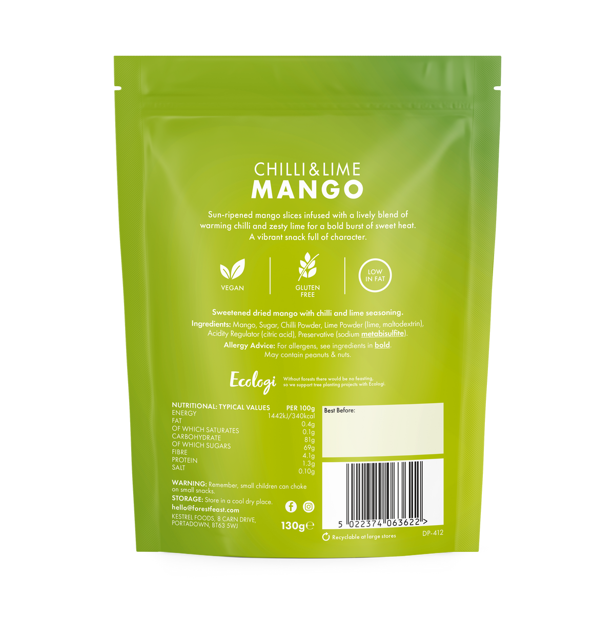 Back packaging for Forest Feast Chilli & Lime infused Mango 130g