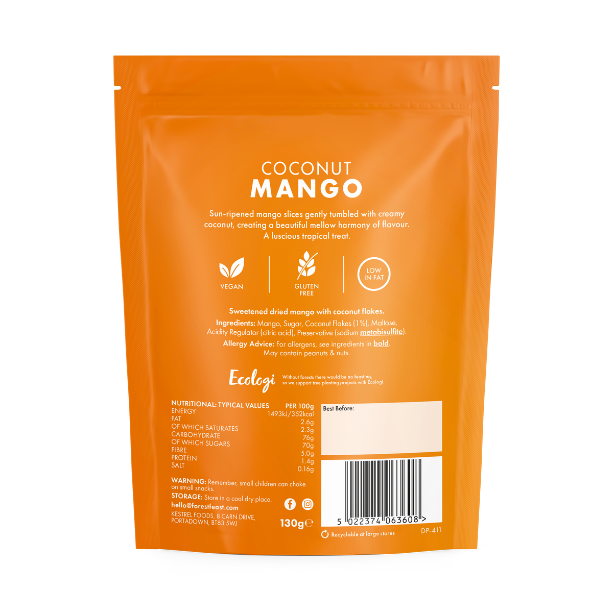 Back packaging for Forest Feast Coconut Mango 130g