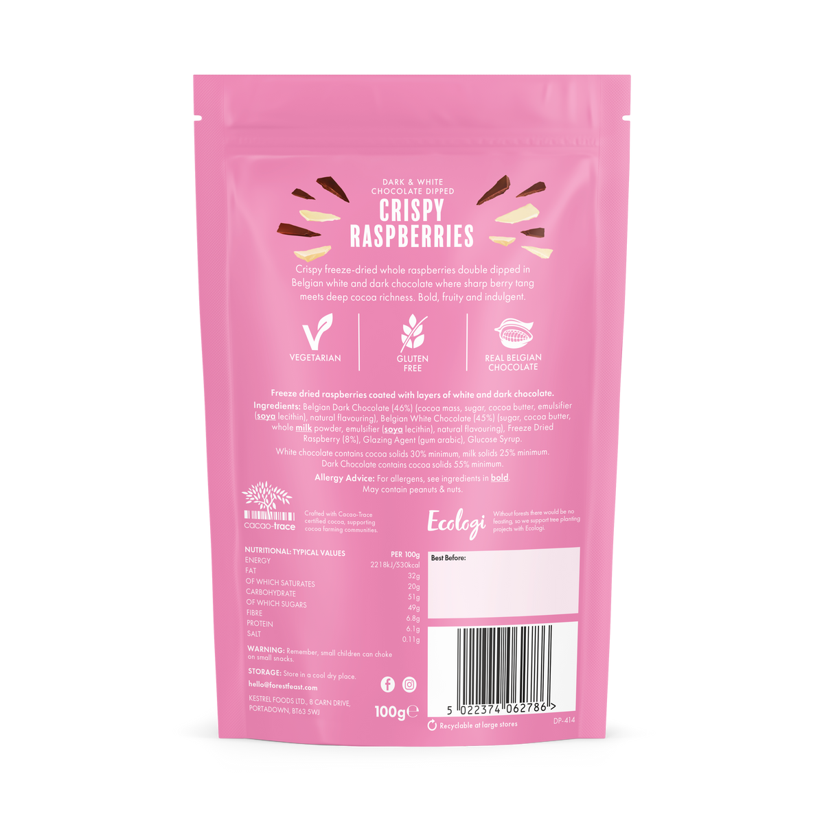 Back packaging for Forest Feast Double Chocolate Crispy Raspberries 100g