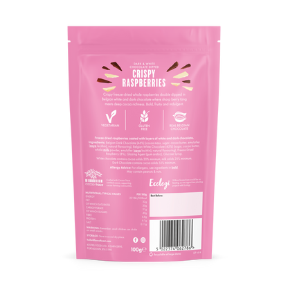 Back packaging for Forest Feast Double Chocolate Crispy Raspberries 100g