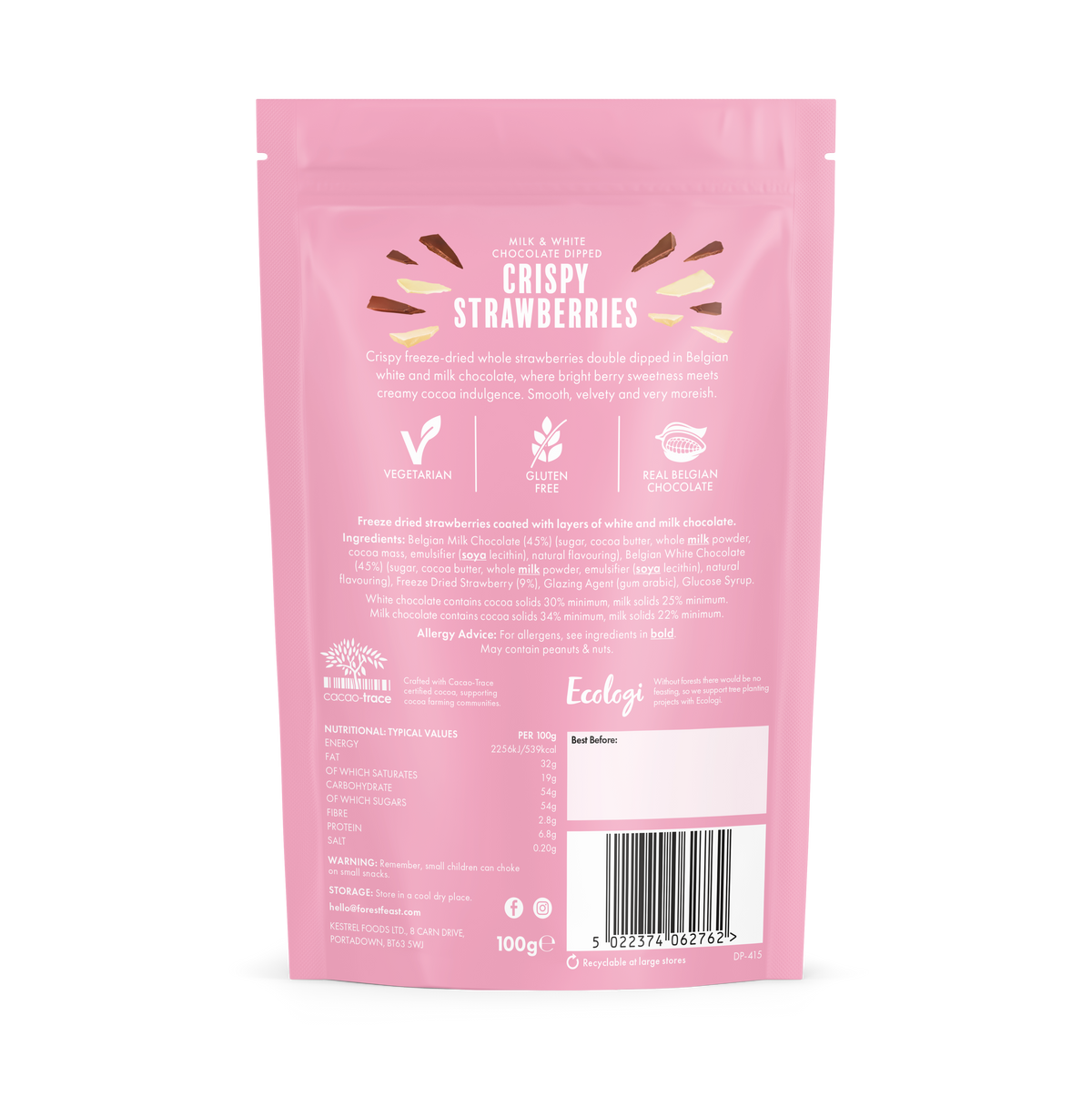 Back packaging showing nutritional information for Forest Feast Double Chocolate Crispy Strawberries 100g