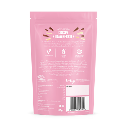 Back packaging showing nutritional information for Forest Feast Double Chocolate Crispy Strawberries 100g