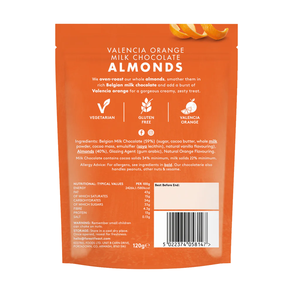 Back packaging for Forest Feast Valencia Orange Milk Chocolate Almonds Chocolate Nuts 120g