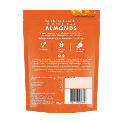 Back packaging for Forest Feast Valencia Orange Milk Chocolate Almonds Chocolate Nuts 120g