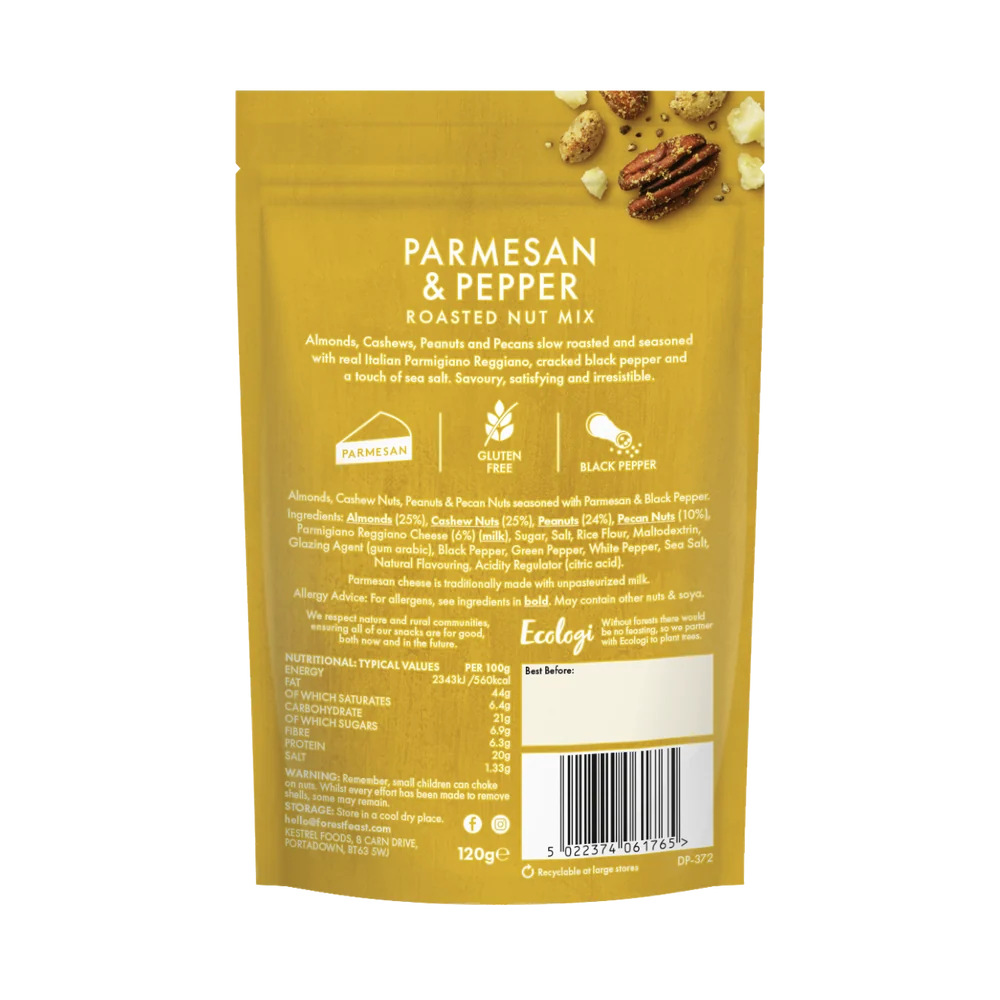 BAck packaging for Forest Feast Parmesan & Pepper Nut Mix 120g 