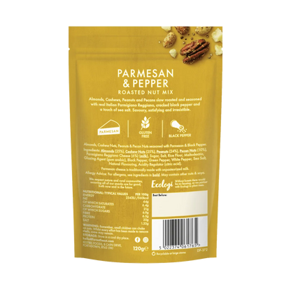 BAck packaging for Forest Feast Parmesan & Pepper Nut Mix 120g 