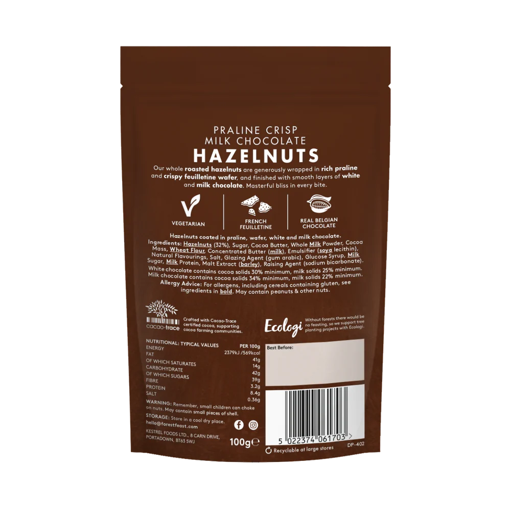 Forest Feast Praline Crisp Milk Chocolate Hazelnuts Chocolate Nuts 100g back Packaging