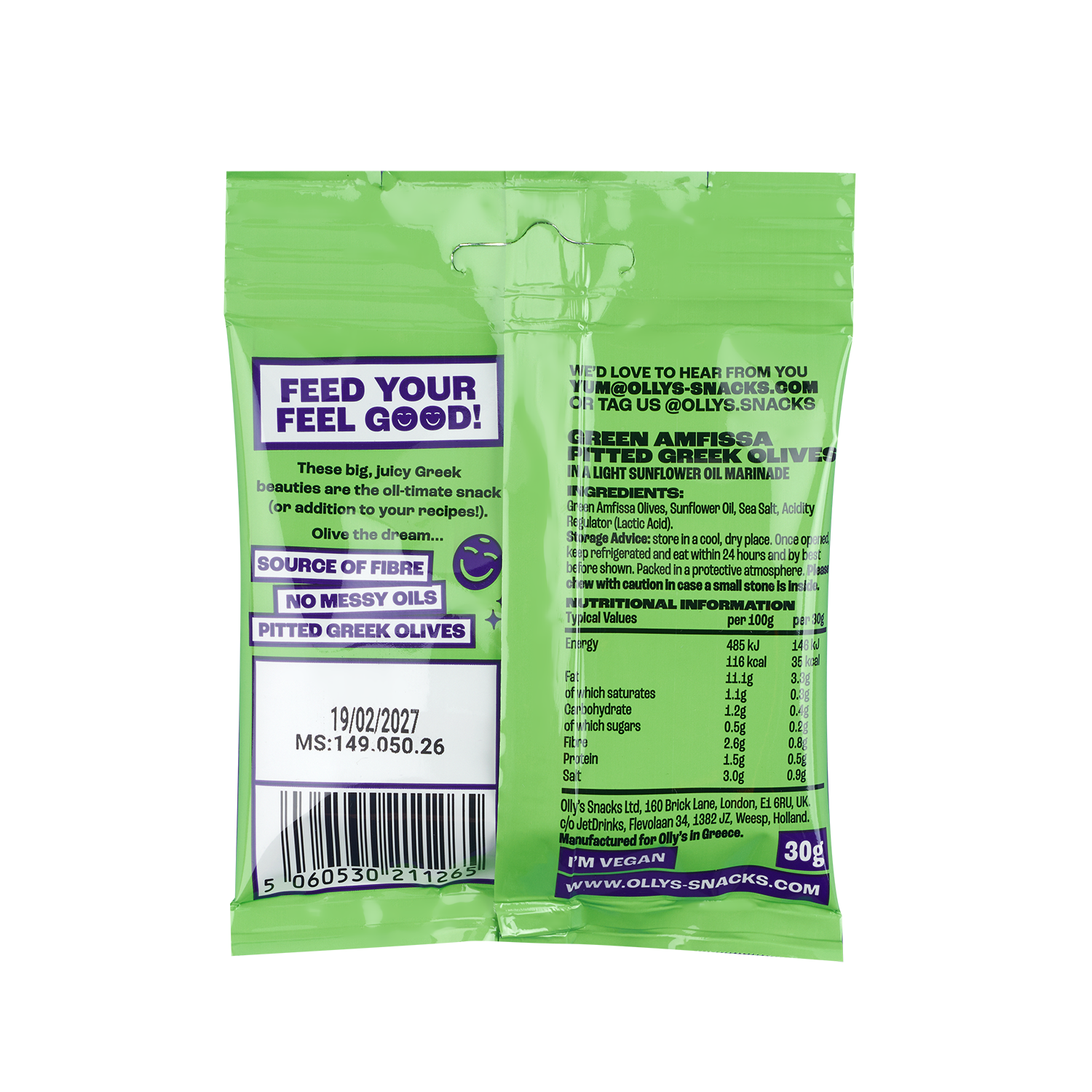 Back of Olly's Olives - Pitted Greek Amfissa 30g with nutritional information