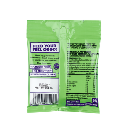 Back of Olly's Olives - Pitted Greek Amfissa 30g with nutritional information